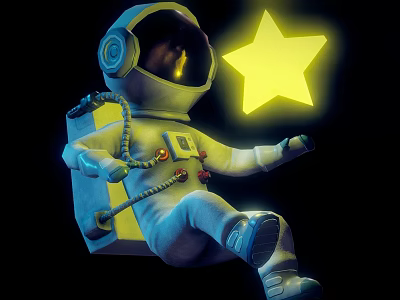 Astronaut In Spacesuit Floating Near Bright Yellow Star On Black Background 3d model