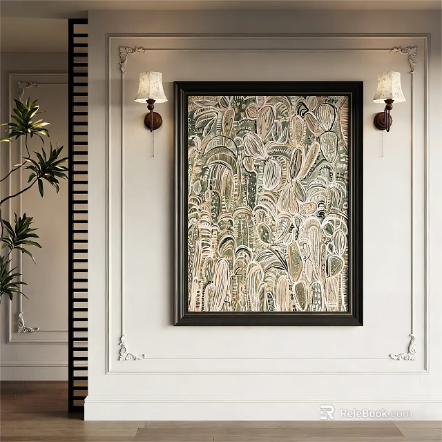 Decorative Wall Art Painting On White Wall With Wall Lamps And Green Plants 3d model 