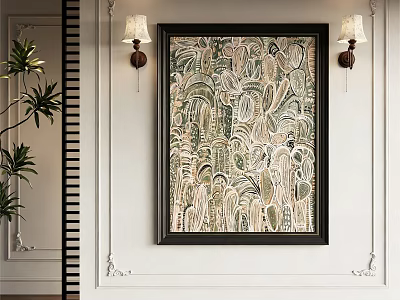 Decorative Wall Art Painting On White Wall With Wall Lamps And Green Plants 3d model