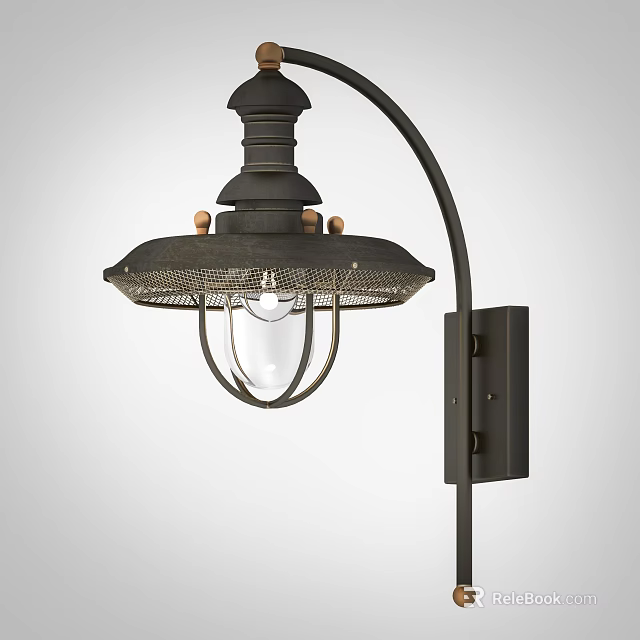 Vintage Style Black Metal Wall Lamp With Curved Arm And Mesh Shade 3d model 