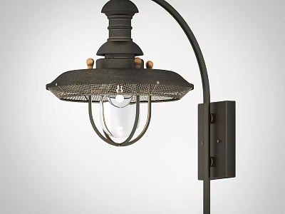 Vintage Style Black Metal Wall Lamp With Curved Arm And Mesh Shade 3d model
