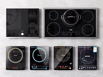 Modern Kitchen Electric Cooktops with Various Styles Black Panels and Control Buttons 3d model