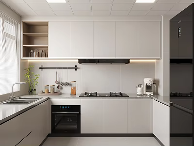 Modern Kitchen Interior Design With White Cabinets Black Appliances Stove And Sink 3d model