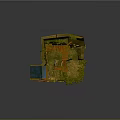 Cartoon Scene with Wooden Hut Blue Roof Wooden Bridge Small Table Chairs and Green Foliage
