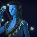 Blue Skinned Long Eared Humanoid With Braided Hair Interacting With Bioluminescent Sprite Like Creatures