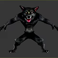 Fantasy Wolf Like Creature With Black Fur Red Ears Open Mouth Aggressive Stance 3D Design