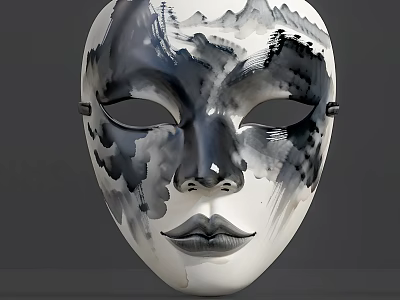 Artistic Black And White Ink Painting Style Mask With Mountain Pattern And Facial Features 3d model