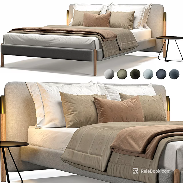 Modern Double Bed With Upholstered Headboard Pillows Blankets And Color Options 3d model 