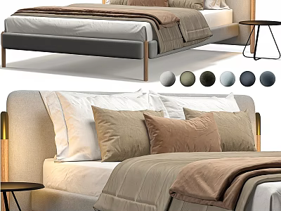 Modern Double Bed With Upholstered Headboard Pillows Blankets And Color Options 3d model