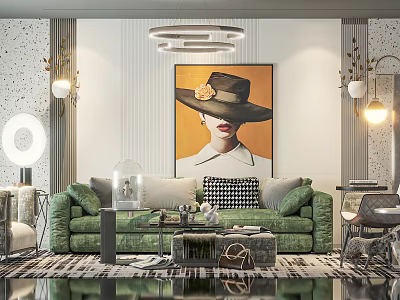 Modern Living Room Interior With Green Sofa And Painting Of A Woman With Hat 3d model