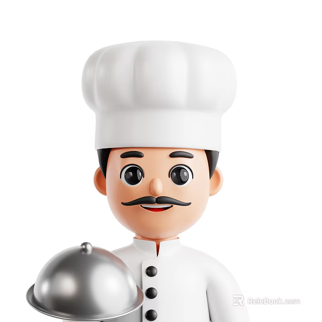 Cartoon Man in Chef Uniform Wearing Chef Hat Holding Silver Serving Tray 3d model 