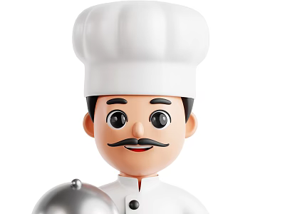 Cartoon Man in Chef Uniform Wearing Chef Hat Holding Silver Serving Tray 3d model