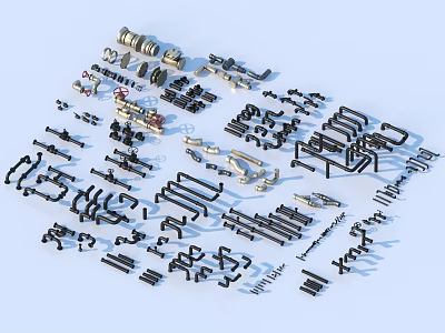 Various Types of Industrial Pipes and Fittings with Plumbing Components 3d model