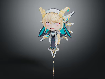 Chibi Game Character With Golden Horns Blonde Hair Blue White Outfit Back Wings Playful Expression 3d model