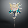 Chibi Game Character With Golden Horns Blonde Hair Blue White Outfit Back Wings Playful Expression
