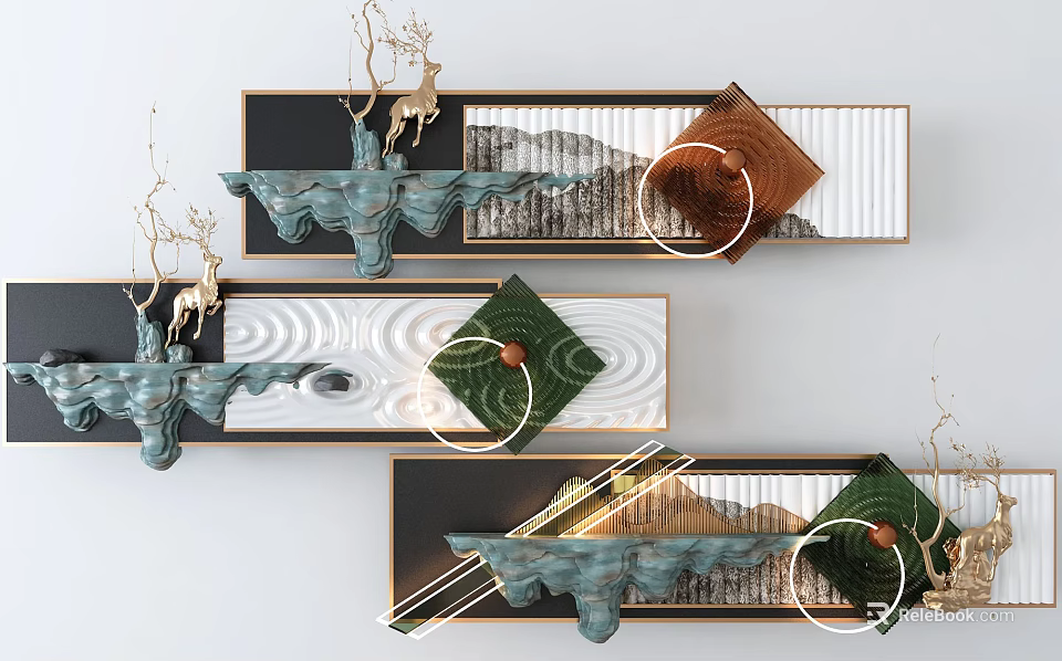 Modern Wall Decor With Geometric Patterns Deer Ornaments And Circular Accents 3d model