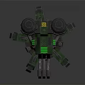 Futuristic Robotic Turret With Green Glowing Sensors Multiple Barrels And Metal Base