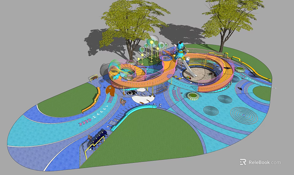 Kids Playground With Colorful Flooring Curved Slides Circular Structures And Trees 3d model 