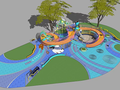 Kids Playground With Colorful Flooring Curved Slides Circular Structures And Trees 3d model