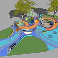 Kids Playground With Colorful Flooring Curved Slides Circular Structures And Trees