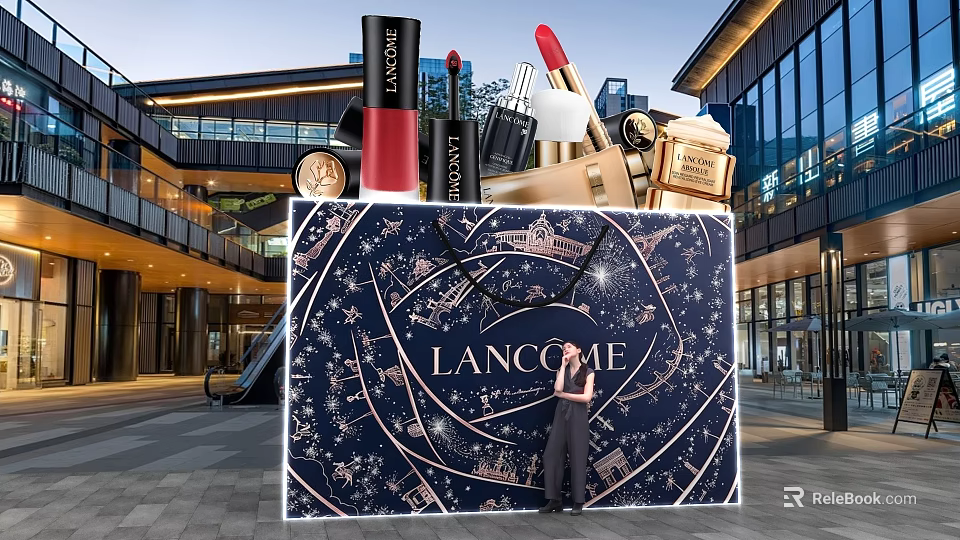 Lancôme Shopping Bag Photo Check in Spot With Lipstick Perfume And Modern Mall Night View 3d model 