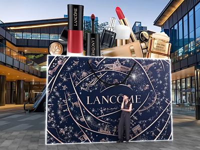 Lancôme Shopping Bag Photo Check in Spot With Lipstick Perfume And Modern Mall Night View 3d model