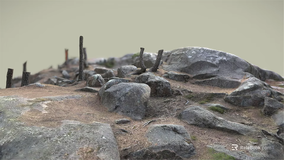 Natural Wooden Sticks And Rough Stone Boulders On Earthy Outdoor Ground 3d model 