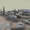 Natural Wooden Sticks And Rough Stone Boulders On Earthy Outdoor Ground