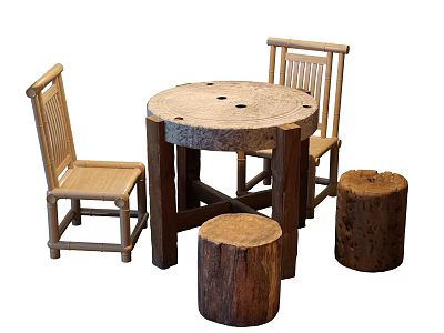 Rustic Dining Table Set With Wooden Chairs And Tree Stumps 3d model