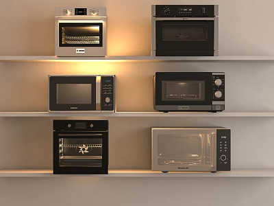 Different Styles of Kitchen Appliances Ovens and Microwaves On White Shelves Neatly Arranged With Lighting 3d model