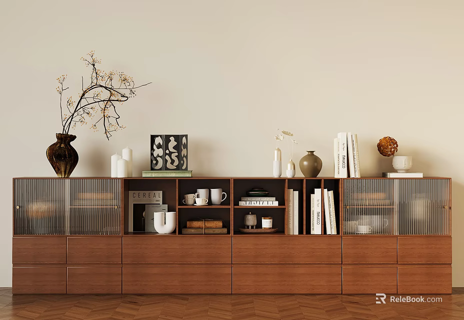 Modern Wooden Entryway Side Cabinet With Glass Doors Vase Twig Books And Decorative Items 3d model 