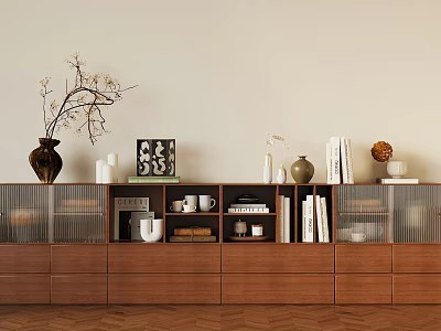 Modern Wooden Entryway Side Cabinet With Glass Doors Vase Twig Books And Decorative Items 3d model