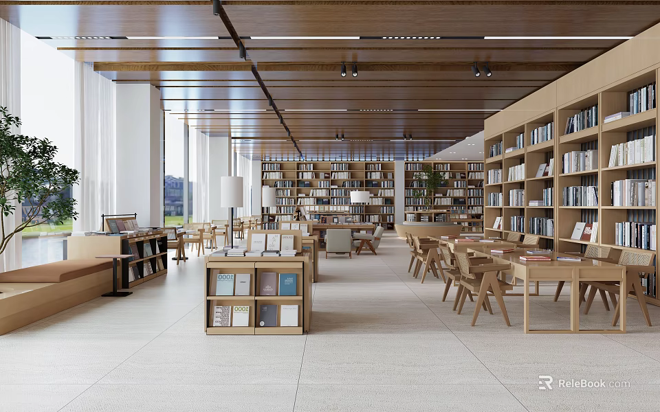 Spacious Reading Room With Wooden Bookshelves Tables And Natural Light 3d model 