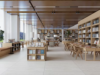 Spacious Reading Room With Wooden Bookshelves Tables And Natural Light 3d model