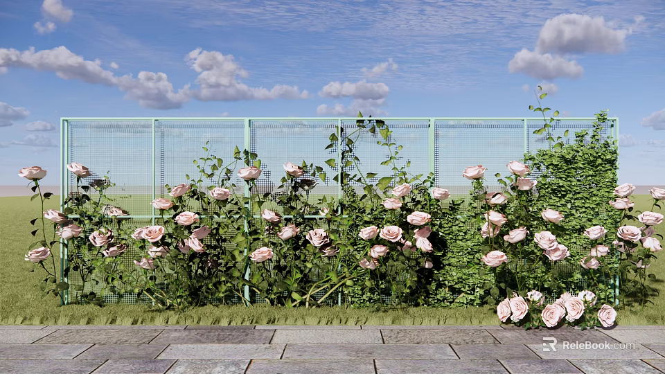 Vibrant Pink Roses Blooming Beside Green Fence Under Blue Sky With White Clouds 3d model 