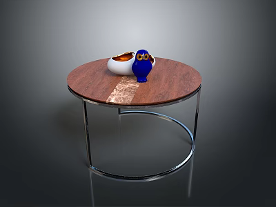Round Wooden Top Dining Table with Metal Stand Blue Vase and White Bowl 3d model