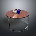 Round Wooden Top Dining Table with Metal Stand Blue Vase and White Bowl