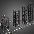 Industrial Equipment Featuring Multiple Tall Metal Frame Towers With Interconnected Piping And Ladders