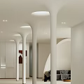 Minimalist Office Corridor Design With White Columns And Curved Ceiling Lights 3d model