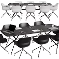 Modern Black Conference Table With White And Black Chairs Laptop And Notebooks