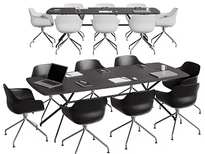 Modern Black Conference Table With White And Black Chairs Laptop And Notebooks 3d model