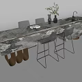 Modern Bar Counter With Marble Top Metal Stools And Vase With Plants