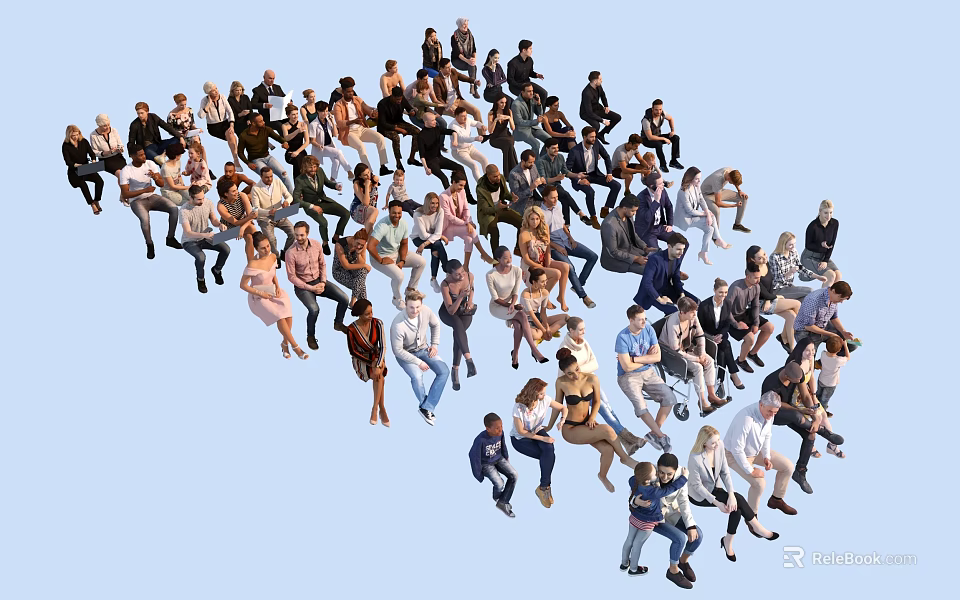 Large Group of Diverse People Sitting in Various Poses Against Blue Background 3d model 