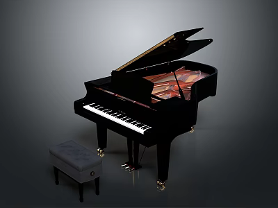 Elegant Black Grand Piano With Open Lid And Comfortable Gray Bench For Home Living 3d model