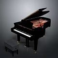 Elegant Black Grand Piano With Open Lid And Comfortable Gray Bench For Home Living