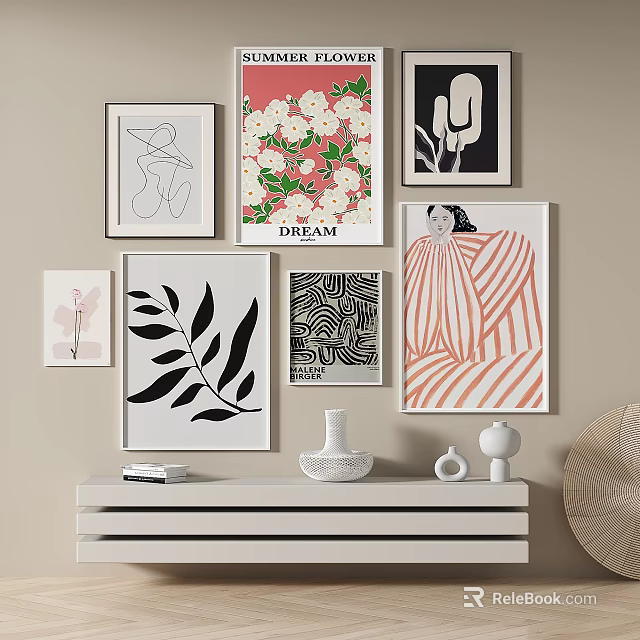 Modern Wall Art Prints Arrangement With Console Table And Decorative Vases 3d model