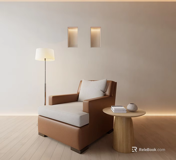 Modern Single Sofa With Light Colored Wall Wooden Floor Floor Lamp And Small Round Table 3d model 