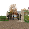 Wrought Iron Entry Gate with Stone Pillars Trees Pink Flowers and Patterned Paving