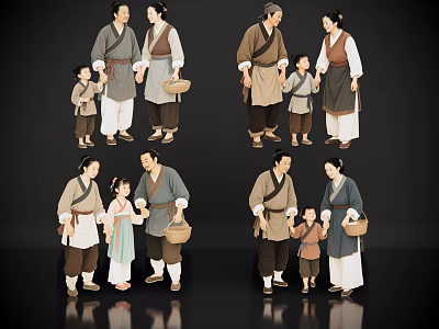 2D Ancient People's Ancient Dress A Family of People A Family of Three Poor People Movie and TV Play Characters Ancient Dress Characters Movie and TV Play Characters 3d model