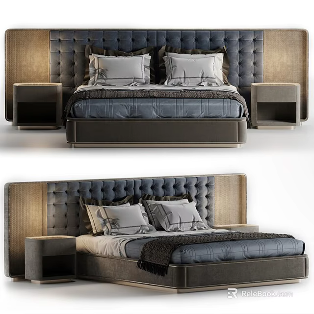 Elegant Modern Double Bed With Tufted Headboard Plush Bedding And Nightstands 3d model